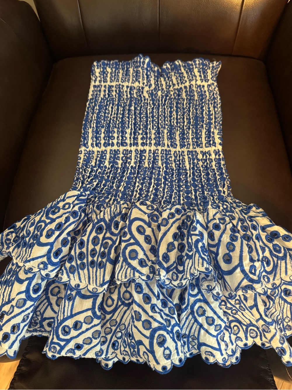 Blue and White Smocked Ruffle Midi Skirt